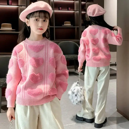 New Autumn Kids Girls Pink Color Sweater with 3D Hearts Pettern Children Elegant Fashion Knitted Clothing 5 7 9 11 13 14 Years