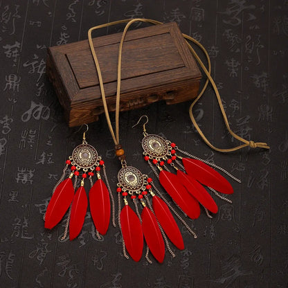2pcs Feather Necklace Earring Set Women&
