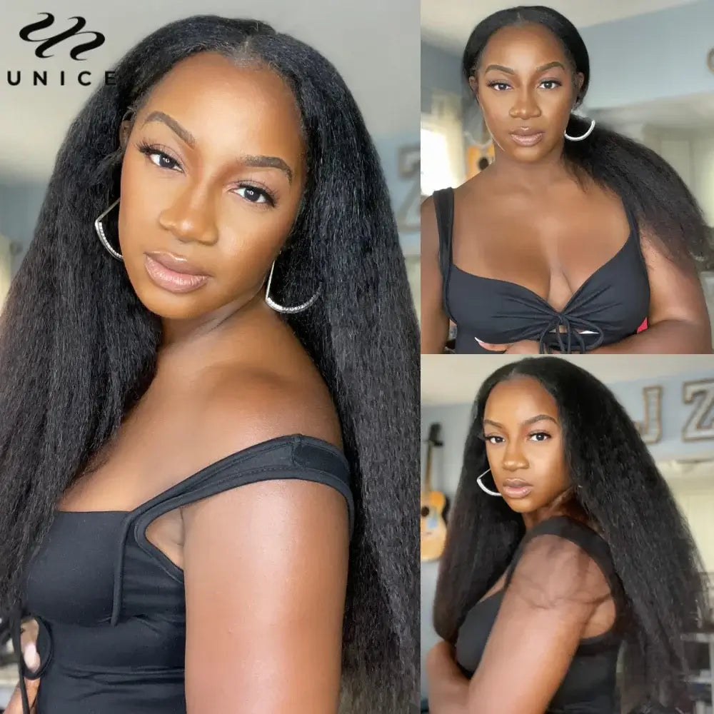 UNICE Hair Kinky Straight V Part Wig Human Hair With Drawstring EasiContour Minimal Leave Out VPart Human Hair Wigs 150% Density