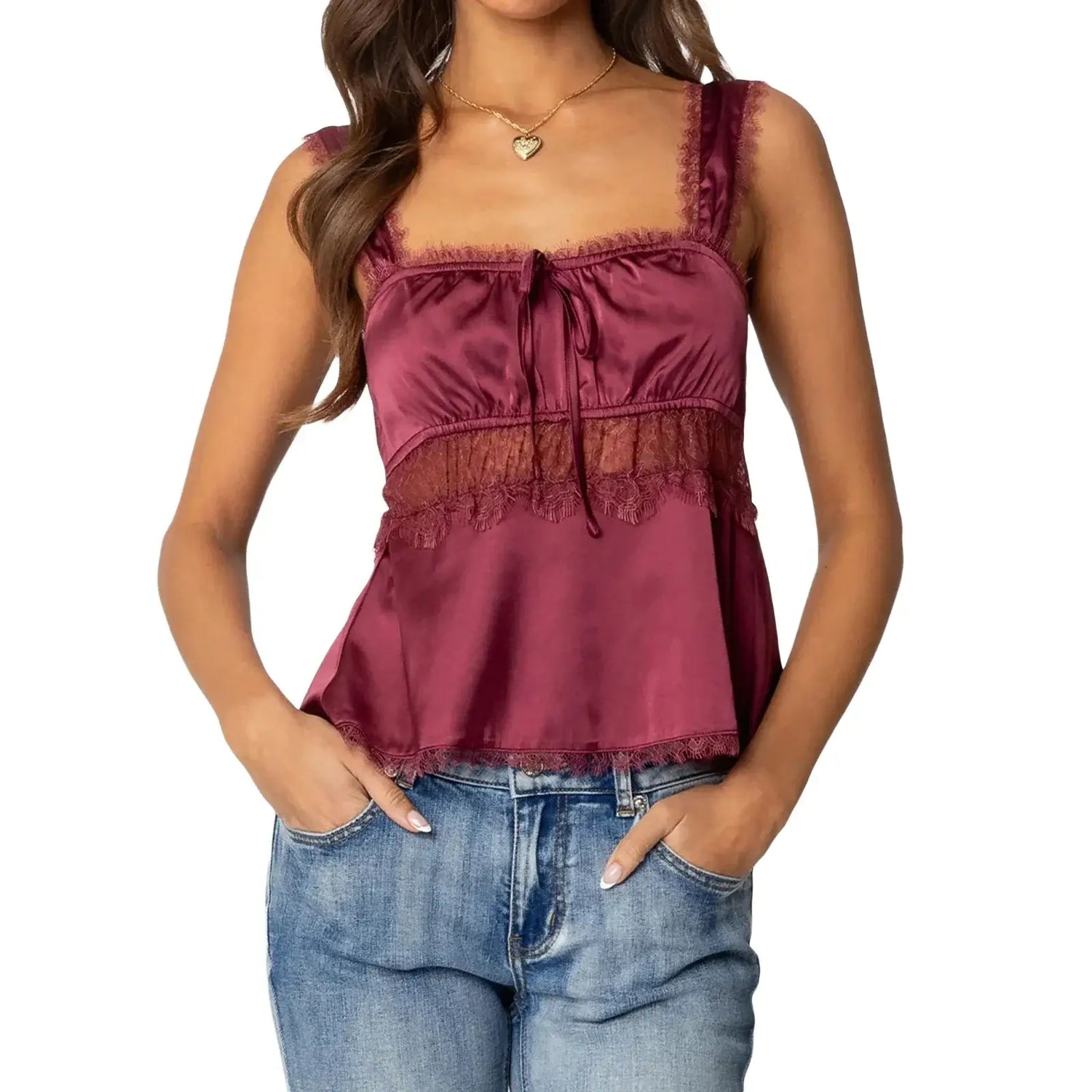 Women s Lace Trim Sleeveless Babydoll Tank Top with Square Neck and Backless Design  Fit Crop Shirt for Summer Streetwear