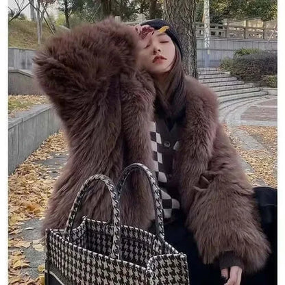 Trendy Hooded Faux Fox Fur Coats super Warm Winter Furry Jacket Women