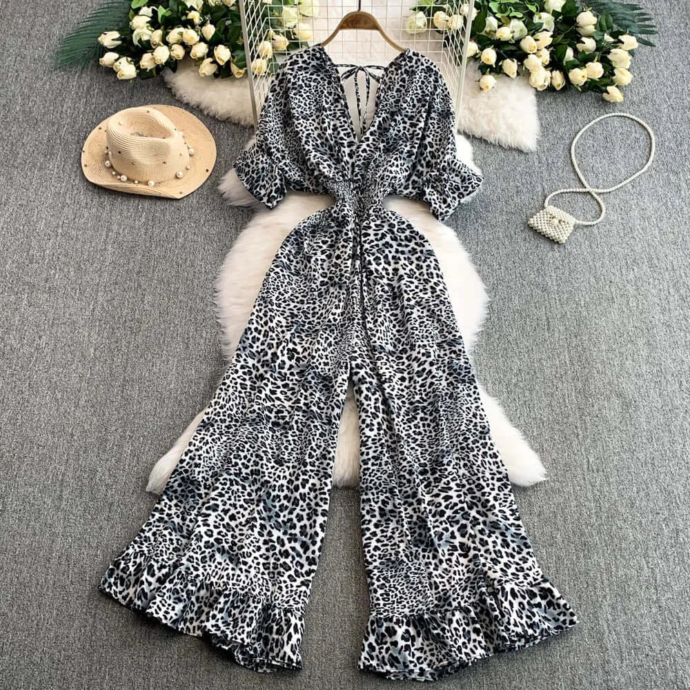 Elegant V-Neck Leopard Print Jumpsuit for Summer