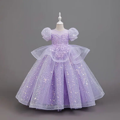 New High-End Luxury Flower Girl Wedding Show Performance Dress for Girls, Puff Sleeve Sequin Princess Dress