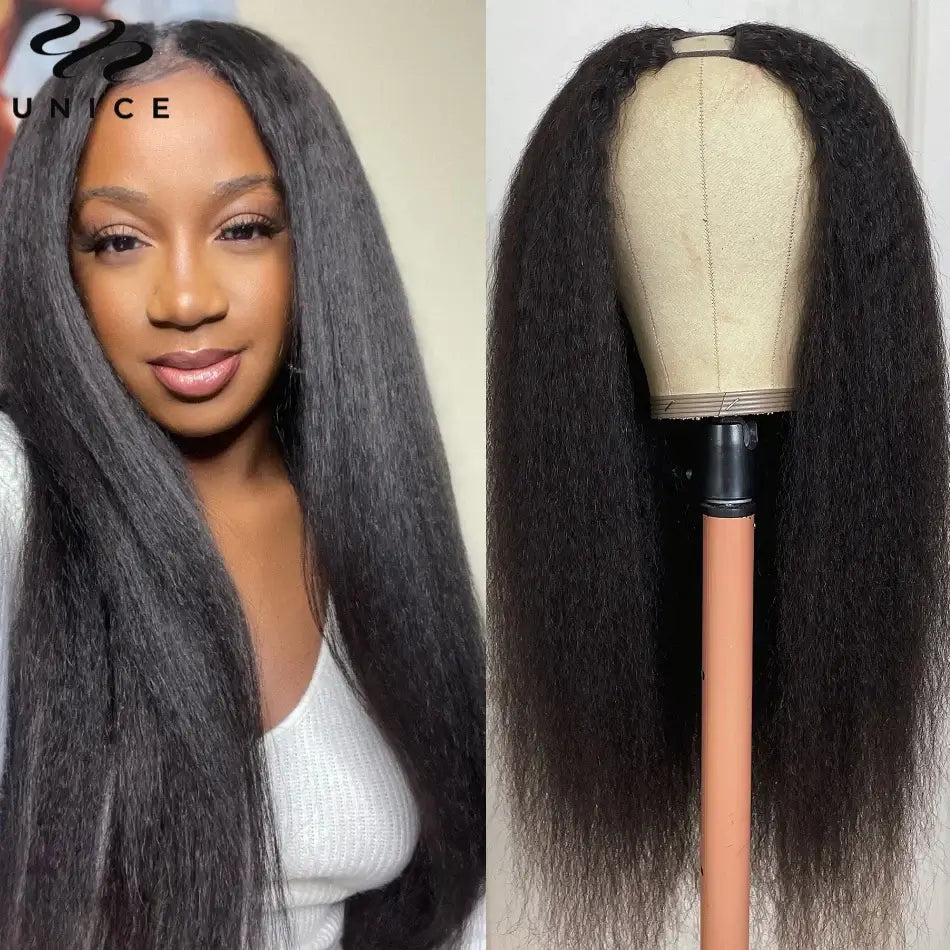 UNICE Hair Kinky Straight V Part Wig Human Hair With Drawstring EasiContour Minimal Leave Out VPart Human Hair Wigs 150% Density