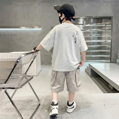 Fashion Boys Summer Outfit T-shirt Shorts Sports Set Children Top and Bottom Tracksuit Set Kids Casual Cotton Sportswear 5-14Y