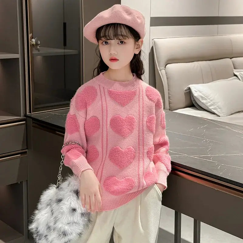 New Autumn Kids Girls Pink Color Sweater with 3D Hearts Pettern Children Elegant Fashion Knitted Clothing 5 7 9 11 13 14 Years