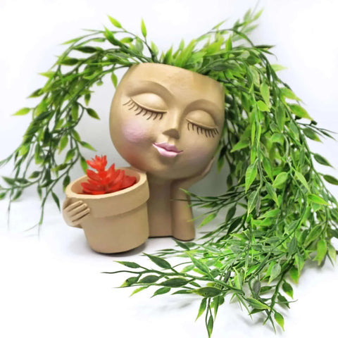 Girls Face Head Flower Planter Closed Eyes Figure Sculpture Resin.