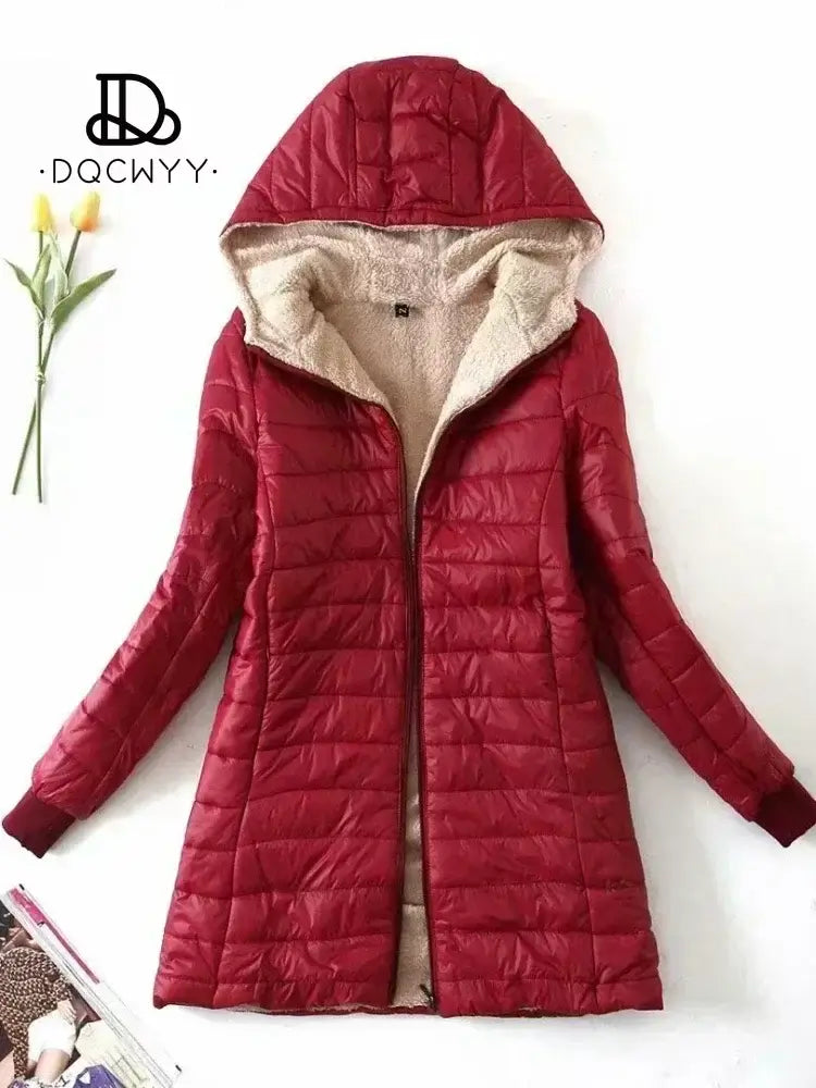 Women's Jacket Winter New Mid Length Korean Edition Hooded Fit Plus