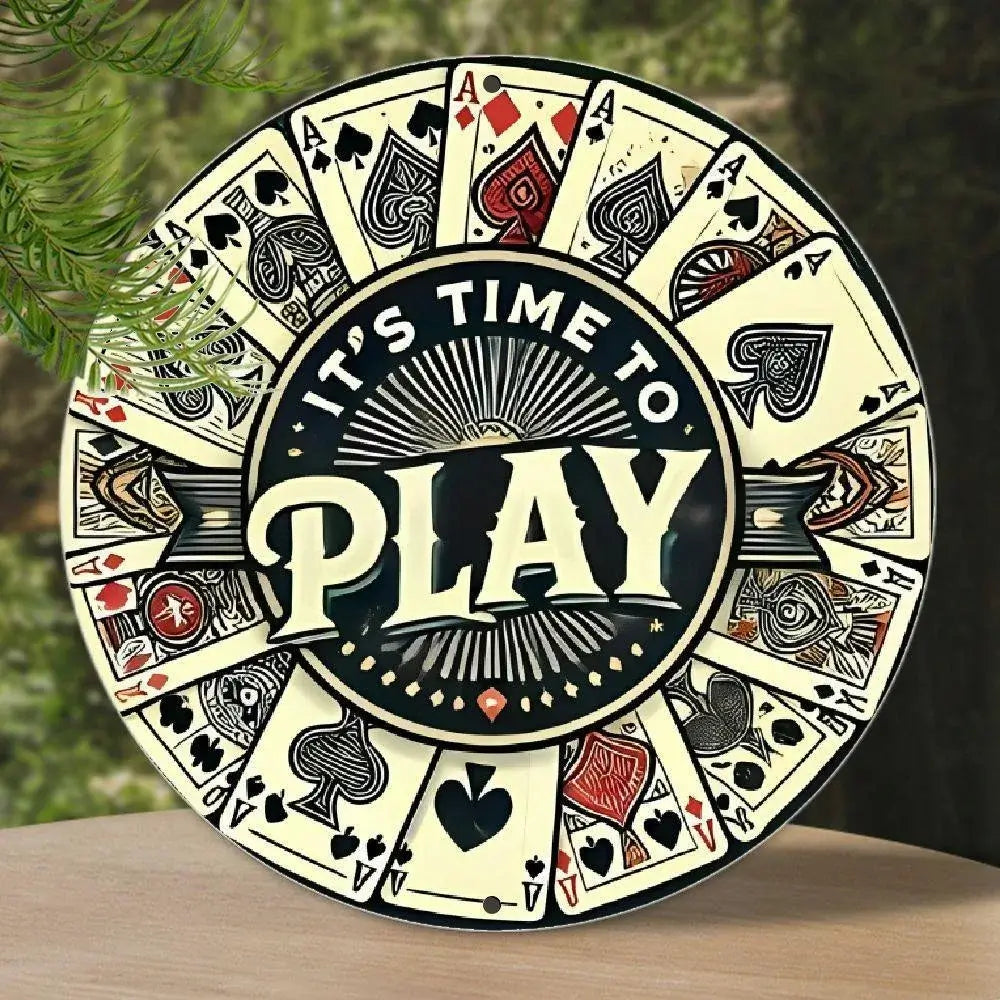 2D Flat Vintage Poker Aluminum Wall Sign - Round Metal Plaque, Rustic Decor for Home Bar Cafe, Indoor/Outdoor Use