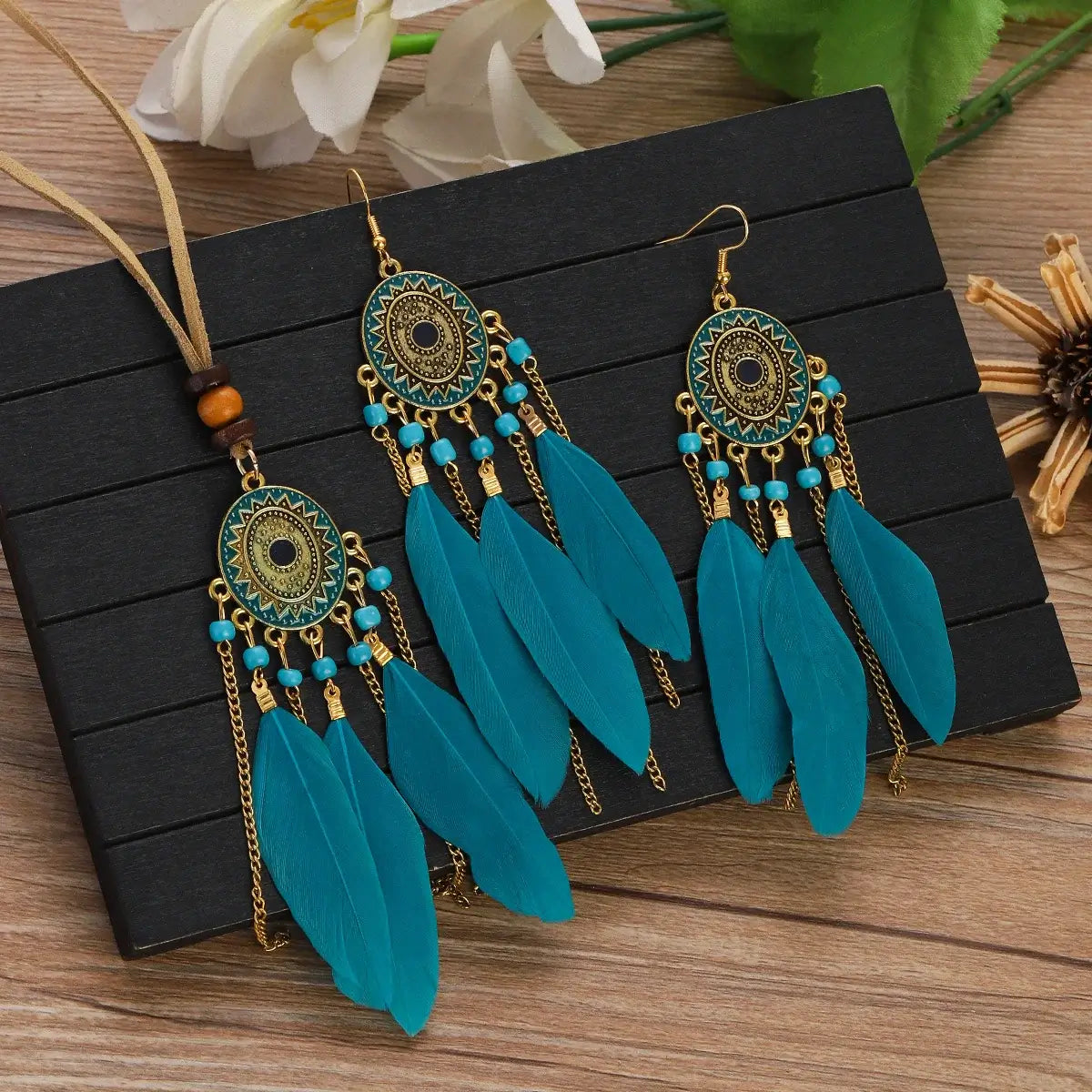 2pcs Feather Necklace Earring Set Women&
