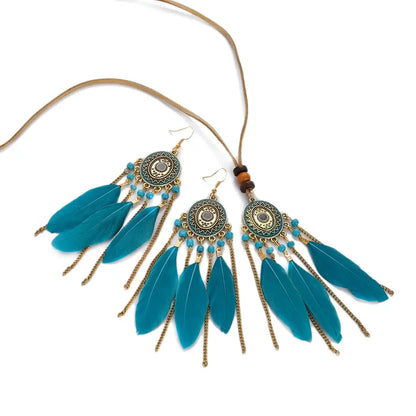 2pcs Feather Necklace Earring Set Women&