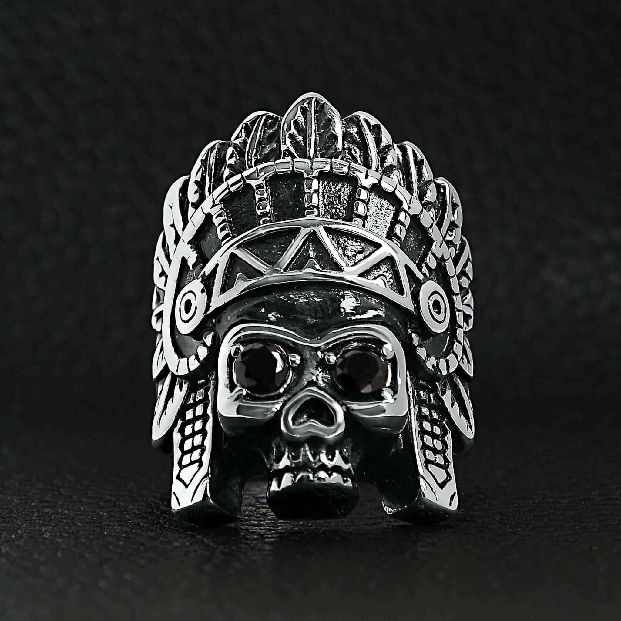 Stainless Steel Black CZ Eyed Native American Chief Skull Ring /