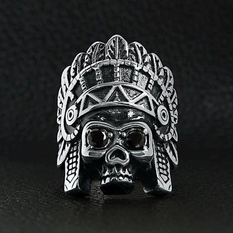 Stainless Steel Black CZ Eyed Native American Chief Skull Ring /.