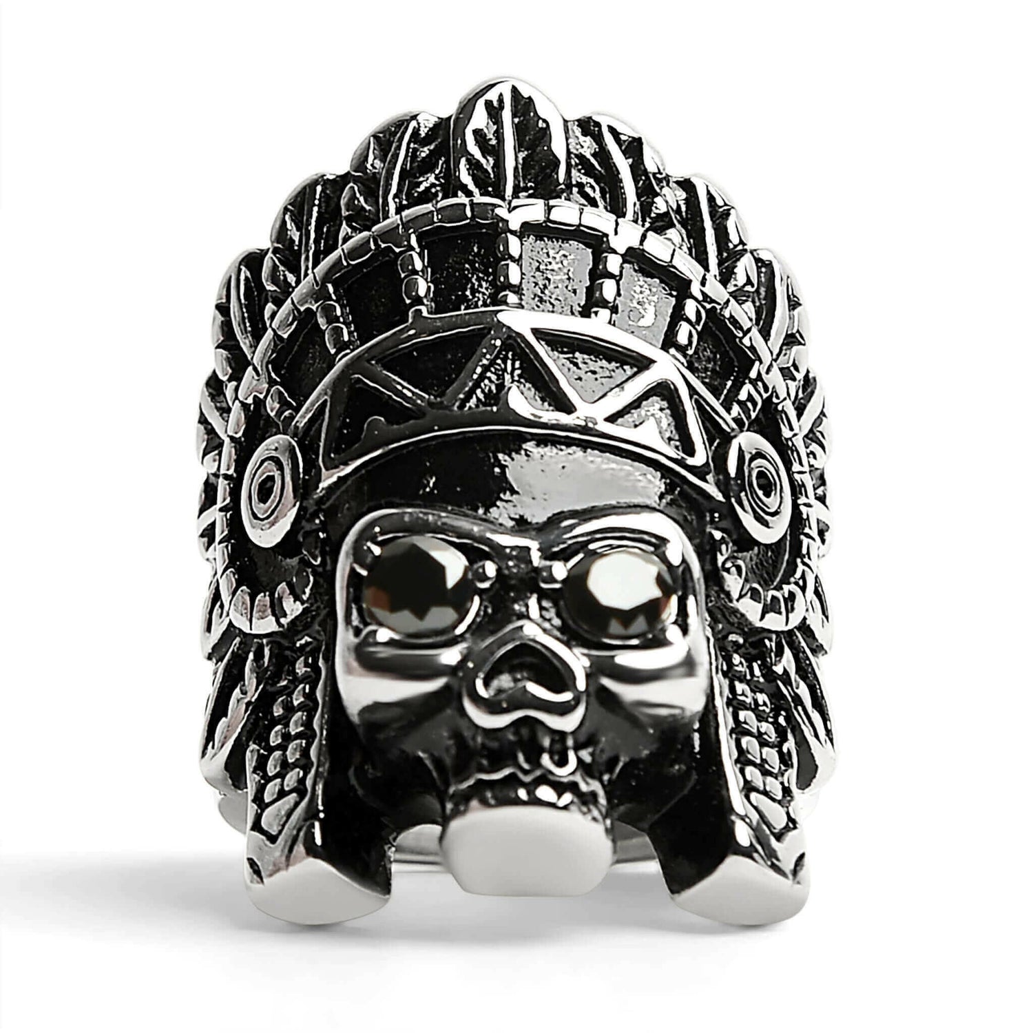 Stainless Steel Black CZ Eyed Native American Chief Skull Ring /