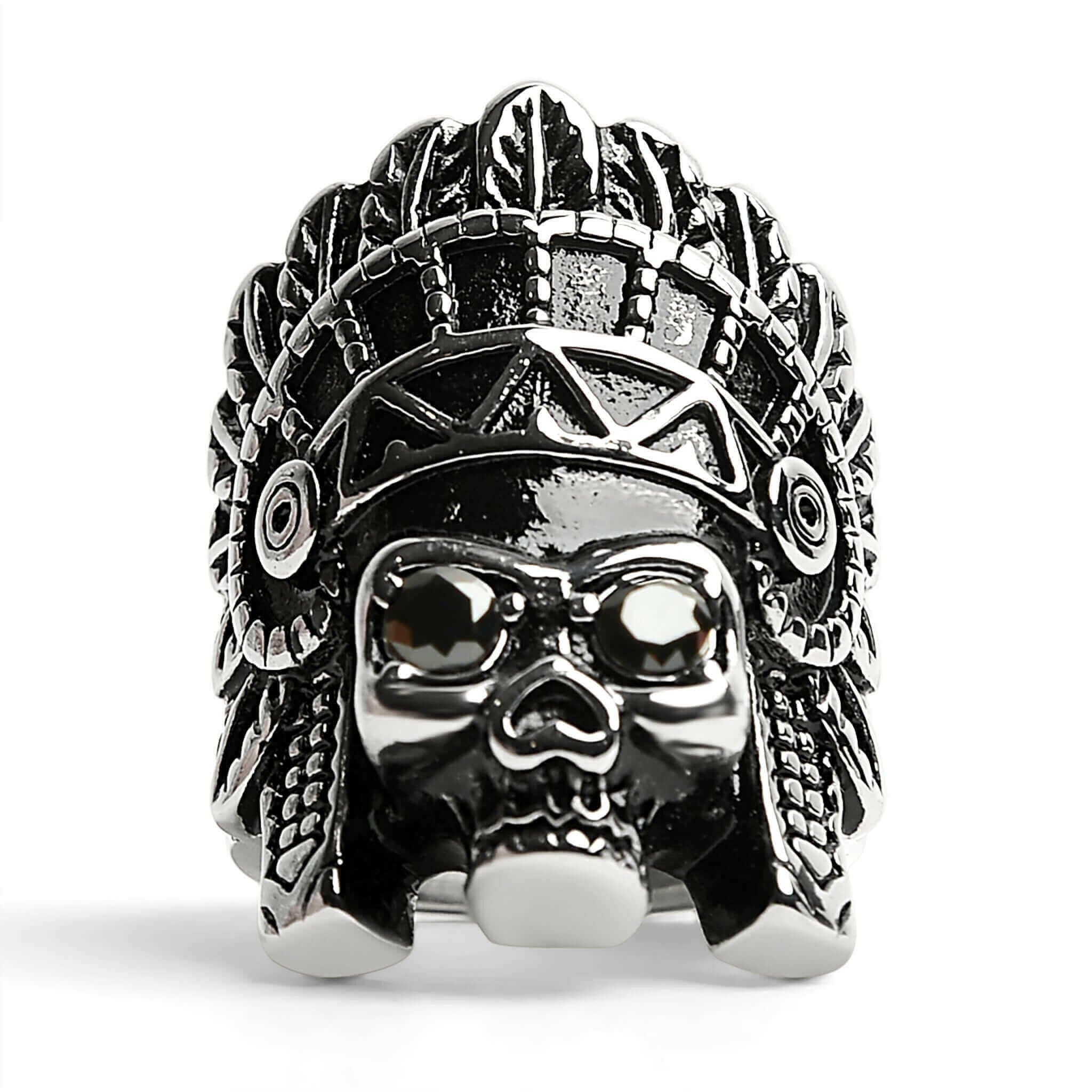 Stainless Steel Black CZ Eyed Native American Chief Skull Ring /
