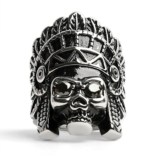 Stainless Steel Black CZ Eyed Native American Chief Skull Ring /.