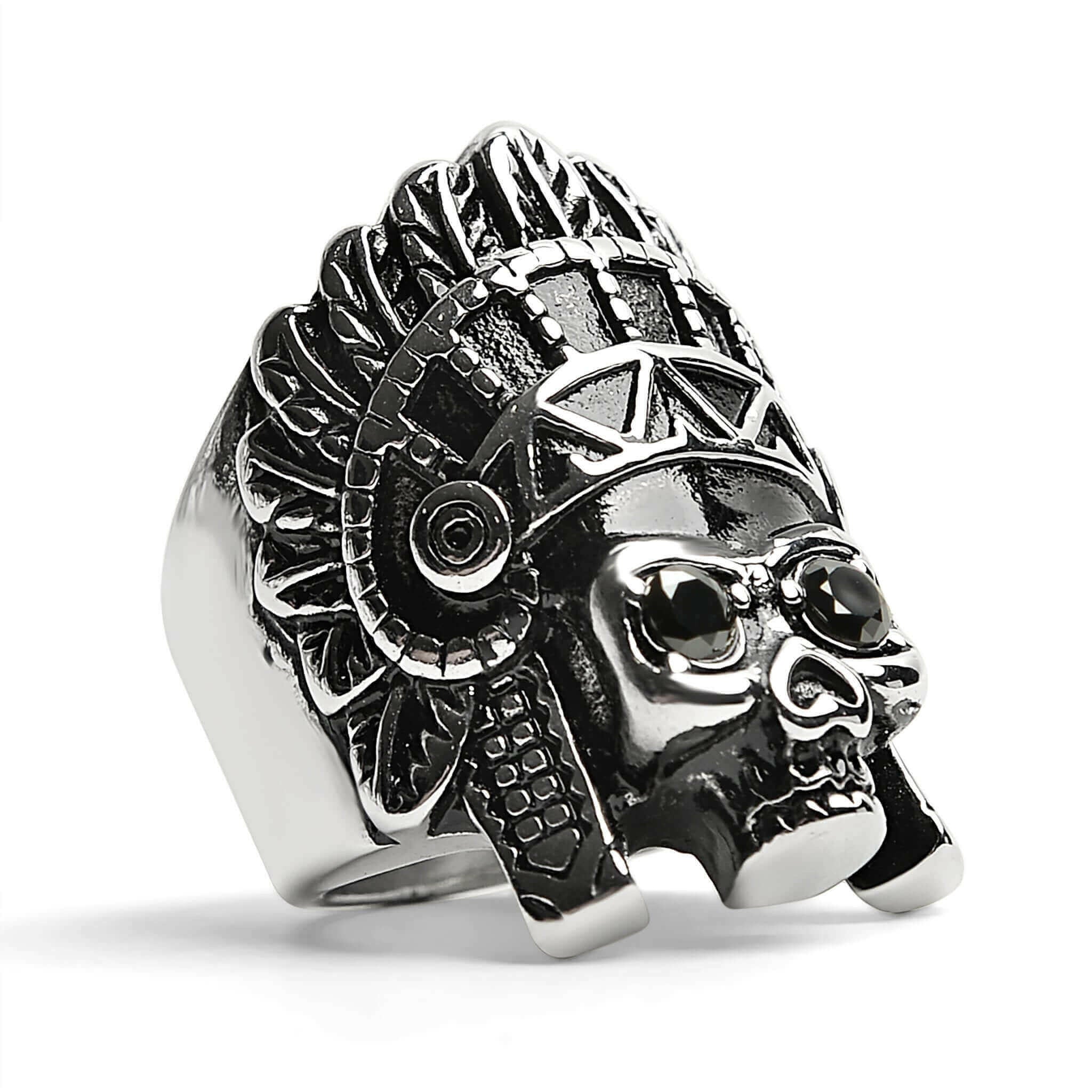 Stainless Steel Black CZ Eyed Native American Chief Skull Ring /.