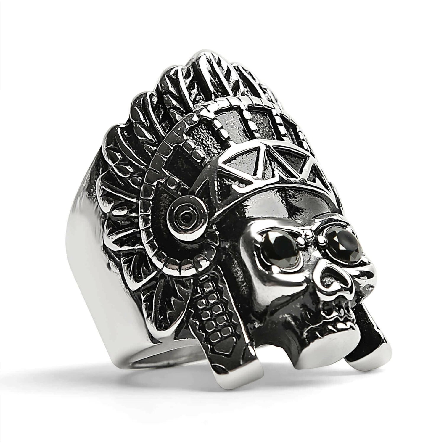 Stainless Steel Black CZ Eyed Native American Chief Skull Ring /