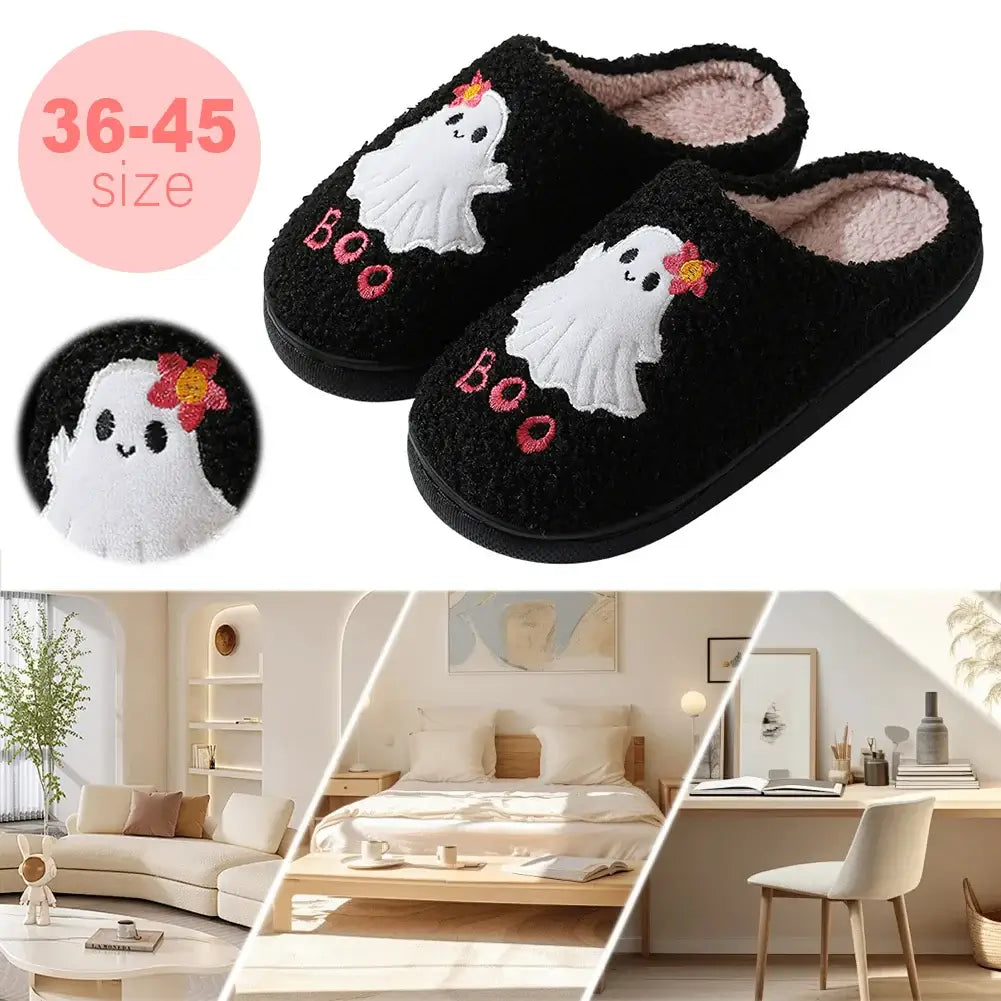 Halloween Ghost Plush Slippers Flat Thermal Slippers Comfortable Soft Furry Slipper Anti Slip Fuzzy Ghost Slippers for Men Women