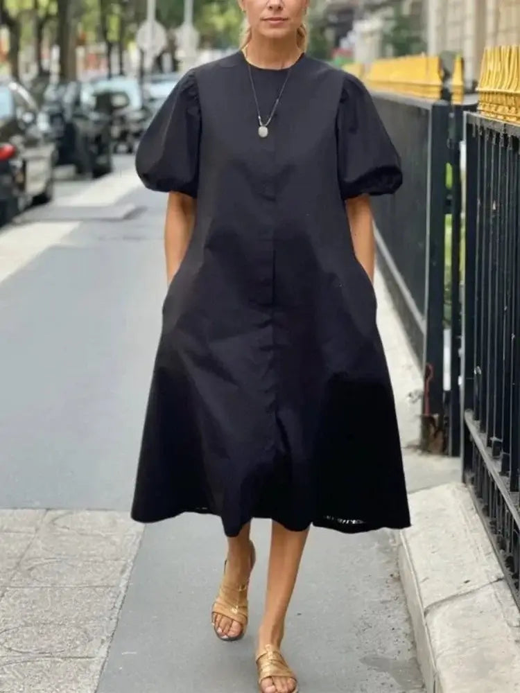 Women Summer Casual Dress 2025 New Trendy Round-neck Green Black Simple Short Sleeves A-line Mini Dresses for Woman