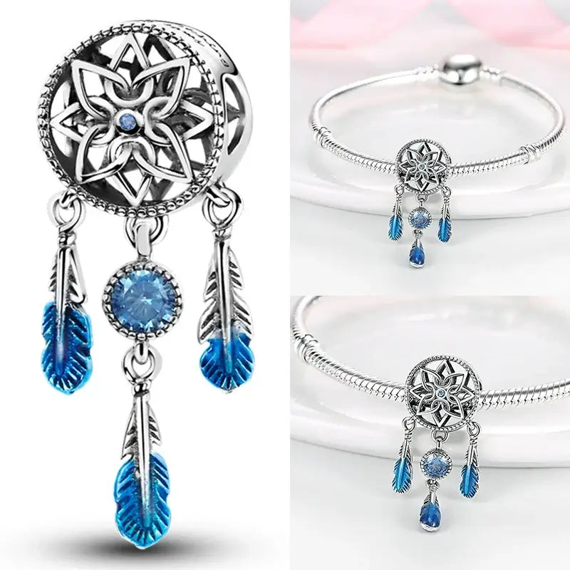 Hot Dream Catcher Feather 925 Sterling Silver Purple Colorful Moon Dreamy Blue Charm Original Fits Women DIY Jewelry Girl Charms
