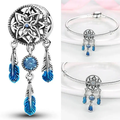 Hot Dream Catcher Feather 925 Sterling Silver Purple Colorful Moon Dreamy Blue Charm Original Fits Women DIY Jewelry Girl Charms