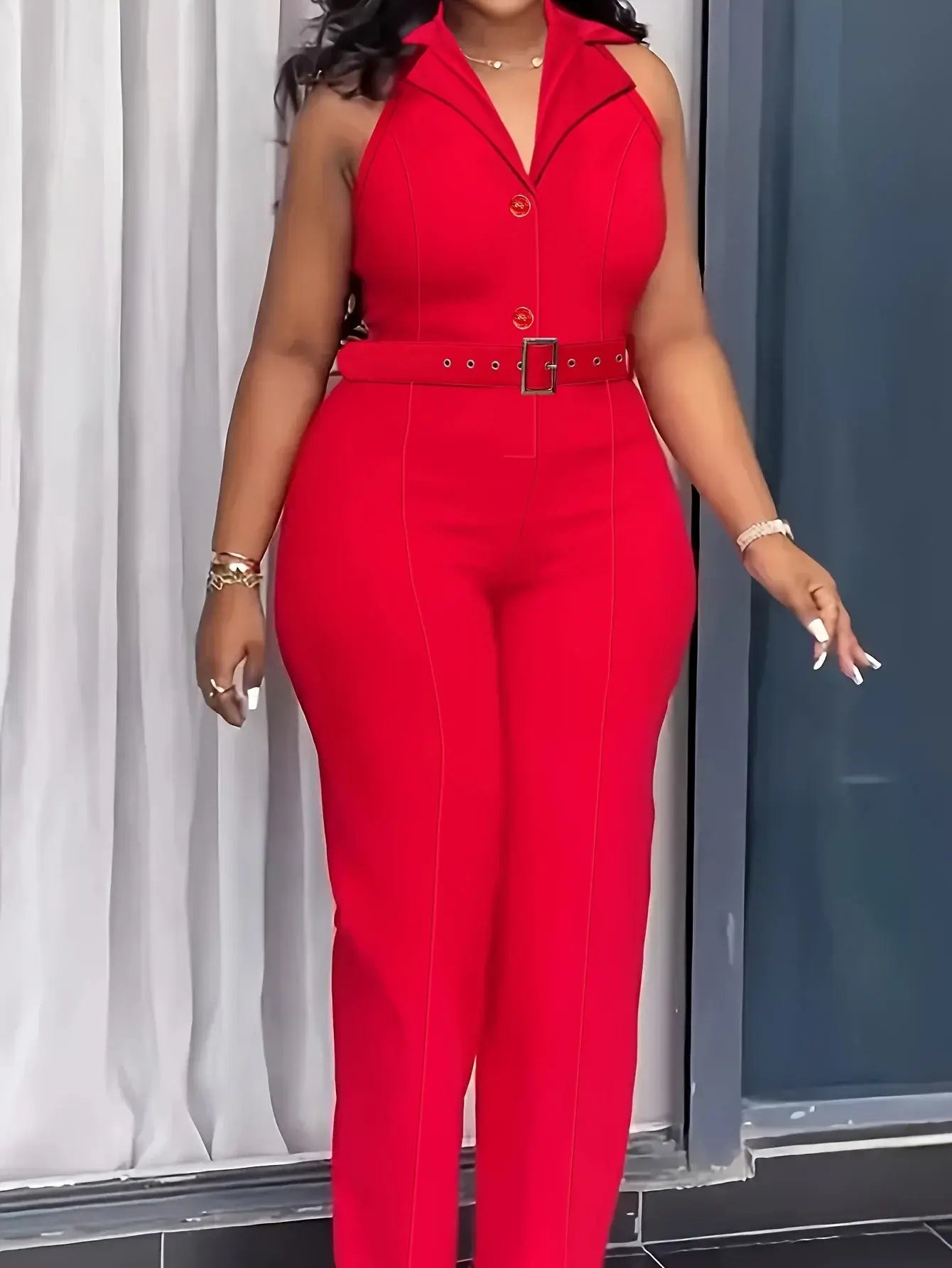 Business Suit Lapel Sleeveless Button Formal Evening Dress Office Women Jumpsuit