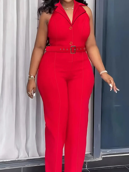 Business Suit Lapel Sleeveless Button Formal Evening Dress Office Women Jumpsuit