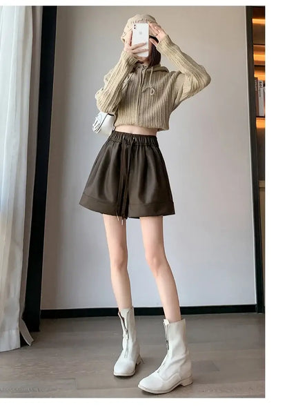 High Waist PU Leather Shorts Women&