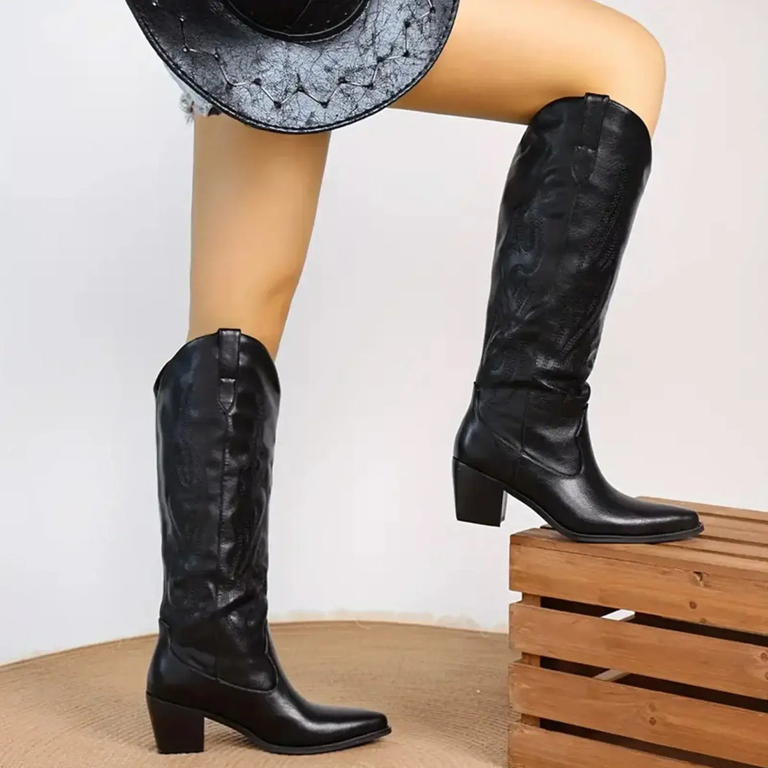 Cowboy Boots for Women - Black Knee High Cowgirl Boots with Classic Embroidered, Slip On Pointed Toe Fashion Retro Black