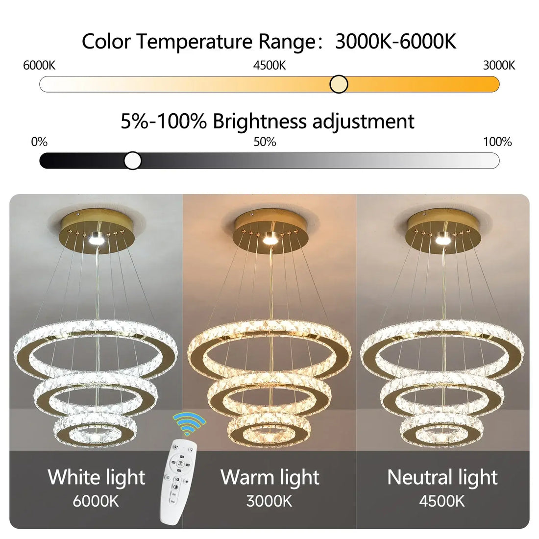 VETRULUS Gold Crystal Pendant Light, Selectable Controls