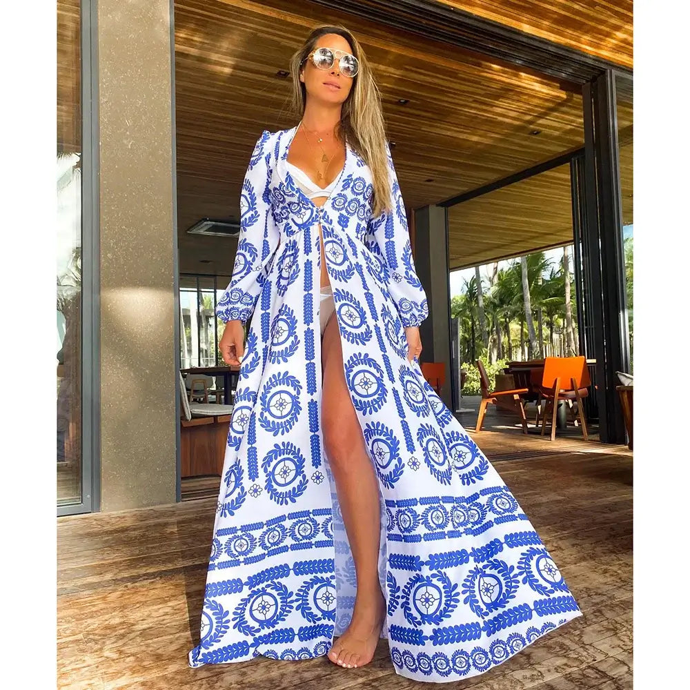 Blue Eyes Bikini Beach Cover Up Tunics For Beach Long Kaftan Bikini Cover Up Robe de Plage Sarong Beach Swimsuit Cover-ups