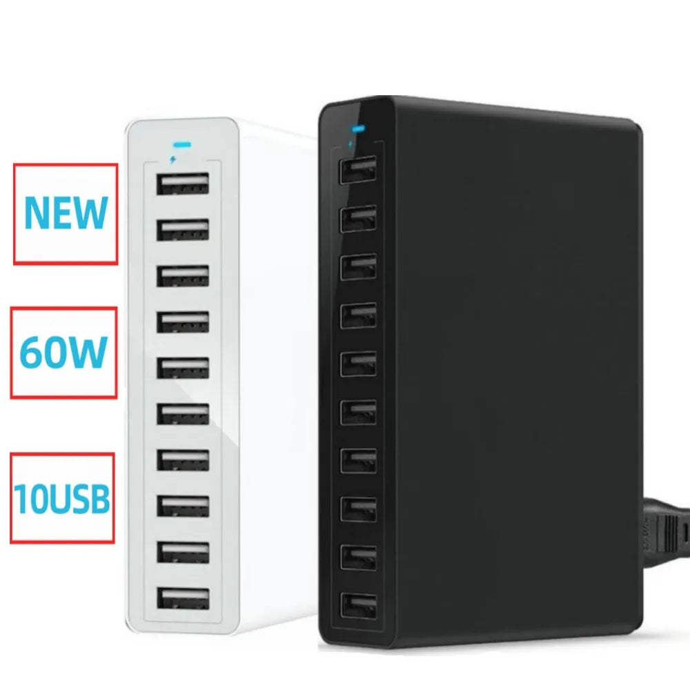 ILEPO 60W 10-Port USB Charging Station – Multi-Device Desktop Charger | iPhone, iPad, Samsung, Xiaomi | US/EU/UK/AU/KR Plug