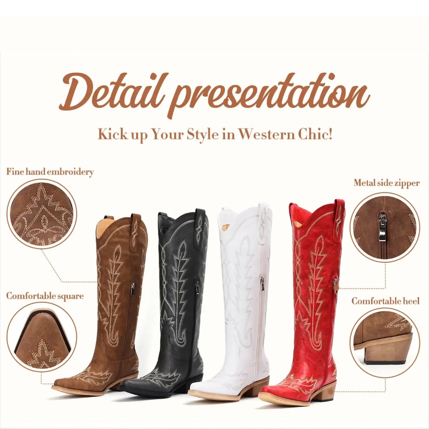 Cowboy Boots for Women - Knee High Embroidered Western Cowgirl Boots, Pointed Toe Chunky Heel Retro Country Boots, Red