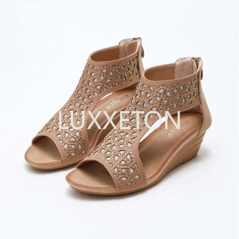 Beige Heeled Sandals Clogs Wedge Comfort Shoes for Women Large Size.