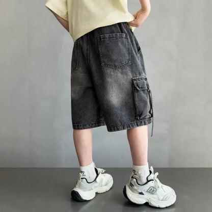 2026 Summer New Kids Designer Black Denim Cargo Shorts Tweens Boy Casual Straight Jeans Shorts For Child Age 5 6 8 10 12 14 Yrs