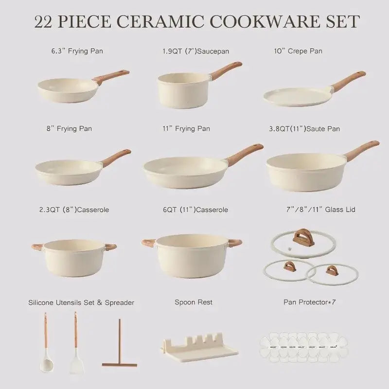 22 Pcs Non-Stick Ceramic Cookware Set - Cream White