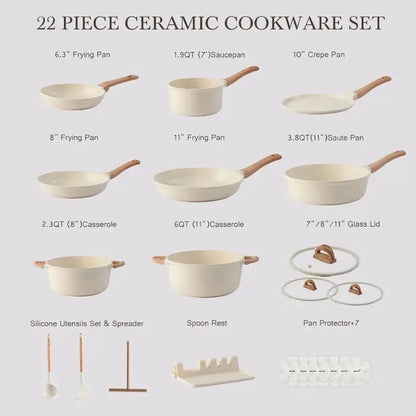 22 Pcs Non-Stick Ceramic Cookware Set - Cream White