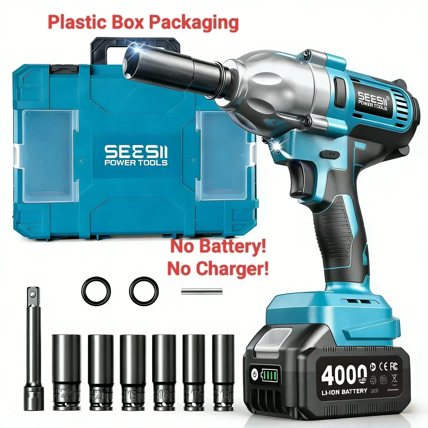 Seesii Real 1200N.m Electric Impact Wrench Brushless 1/2" High Torque Handheld Cordless Impact Gun Tool Kit LED Light 6 Socket