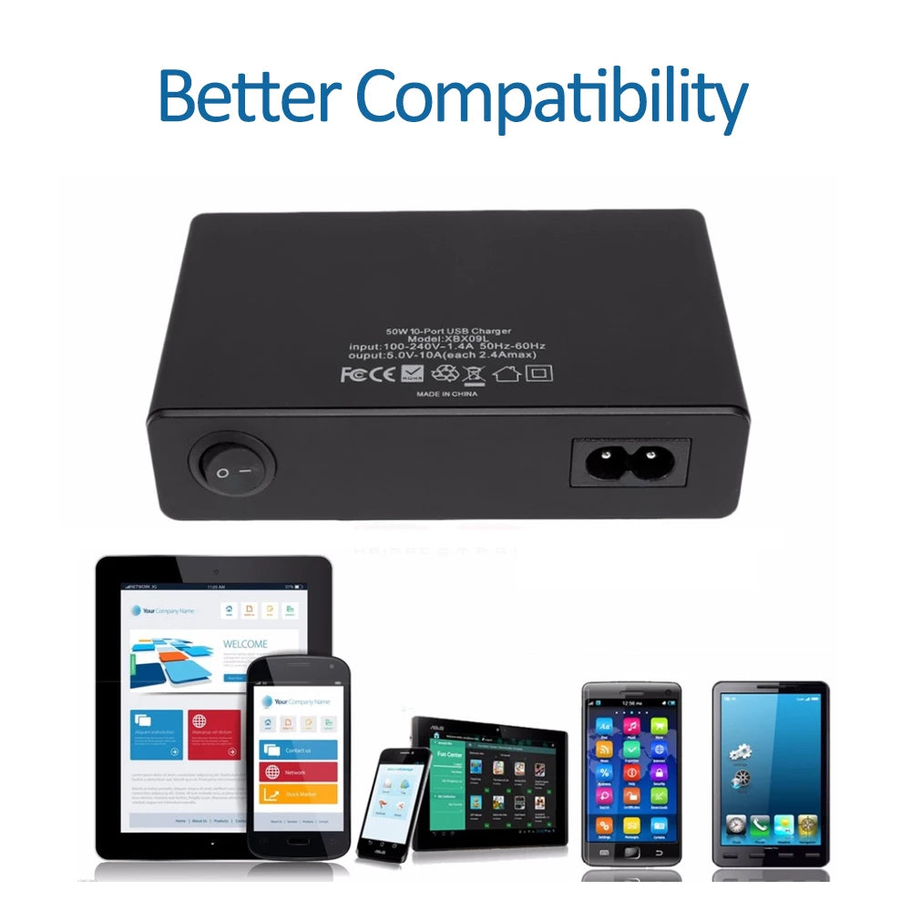 ILEPO 60W 10-Port USB Charging Station – Multi-Device Desktop Charger | iPhone, iPad, Samsung, Xiaomi | US/EU/UK/AU/KR Plug