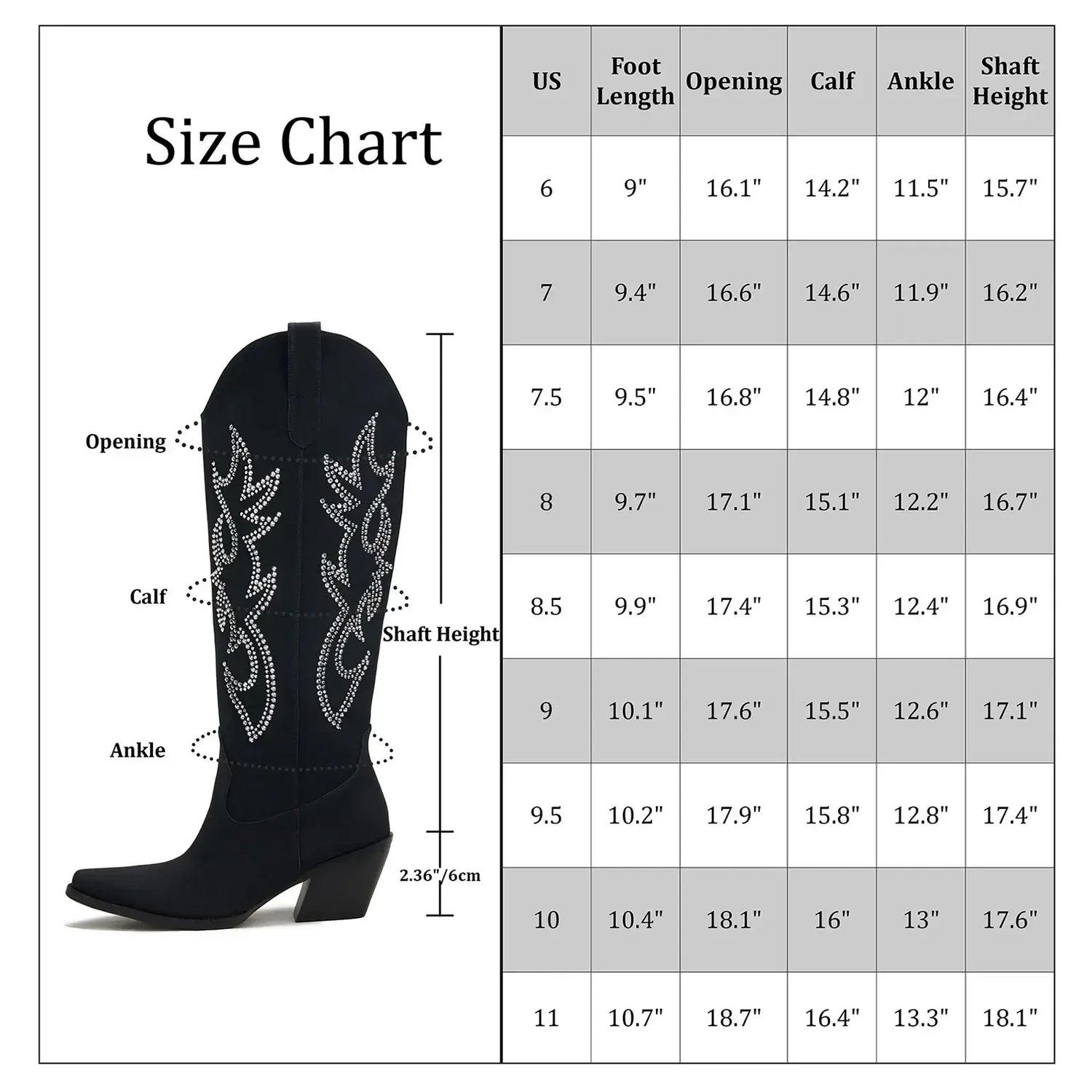 Rhinestone Cowboy Boots for Women - Black Wide Calf Knee High Cowgirl Boots with Side Zipper and Sparkly Glitter Embroidery, Alm