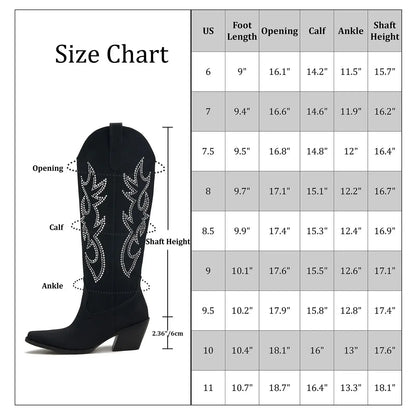 Rhinestone Cowboy Boots for Women - Black Wide Calf Knee High Cowgirl Boots with Side Zipper and Sparkly Glitter Embroidery, Alm