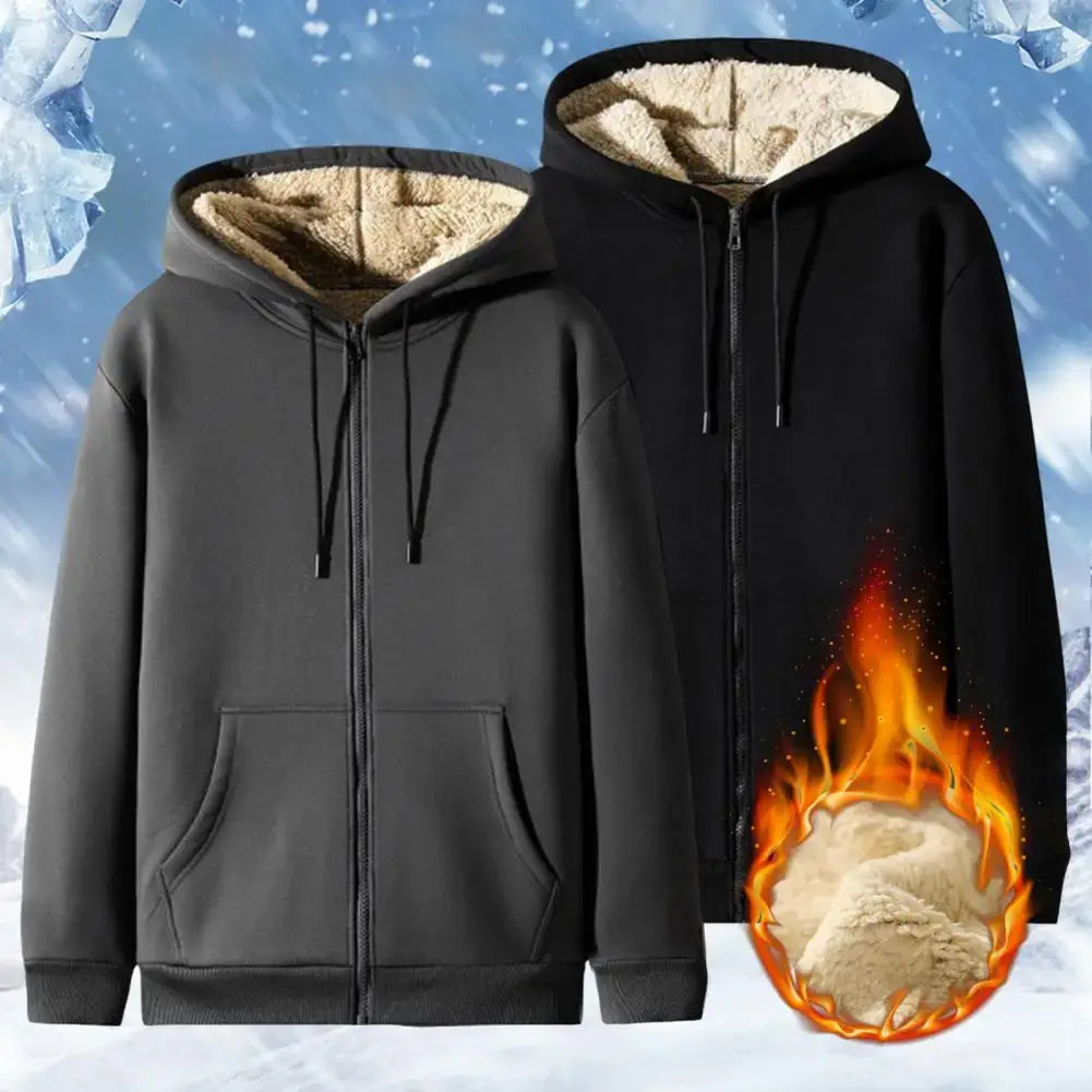 Trendy Sweatshirt Coat Front Pockets Warm Zipper Lamb Wool Jacket Men