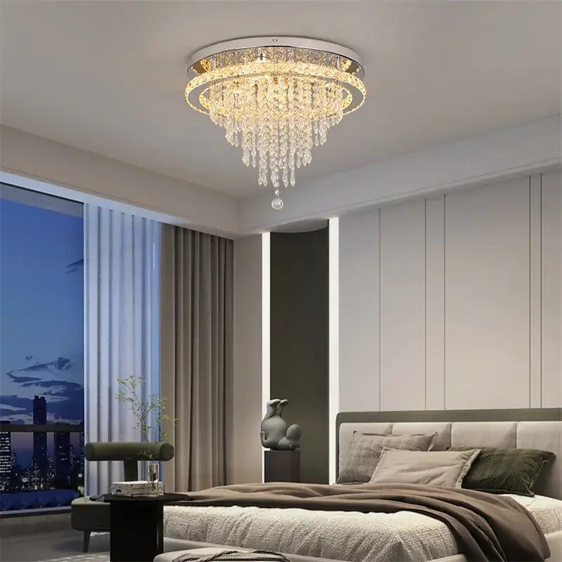 Round Crystal Raindrop LED Flush-Mount Chandelier