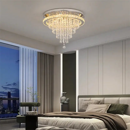 Round Crystal Raindrop LED Flush-Mount Chandelier