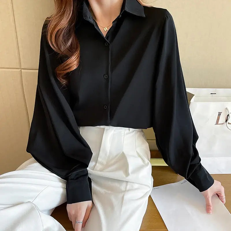 Office Lady Long Sleeve Turn Down Collar Women Shirt White Black