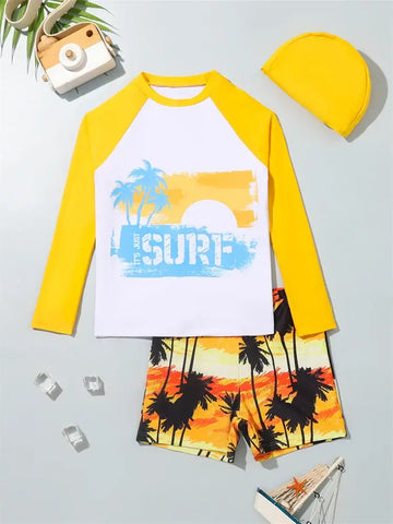 Boy Swimsuit 2024 New Coconut Tree Graffiti Long Sleeves Children.