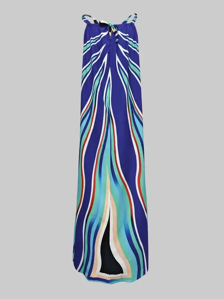 Summer Flowy Maxi Dress for Women 2025 New Colorful Striped Halterneck Sleeveless Party Vacation Beach Long SunDress