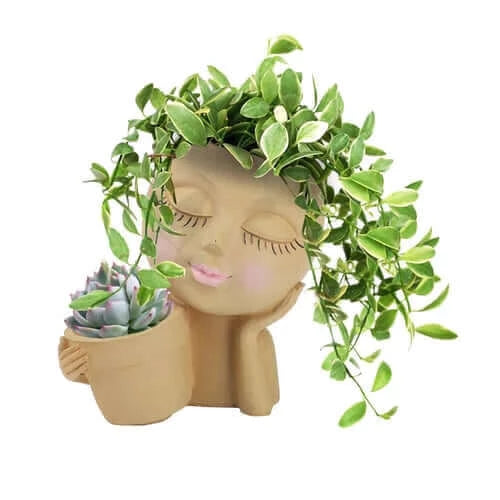 Girls Face Head Flower Planter Closed Eyes Figure Sculpture Resin