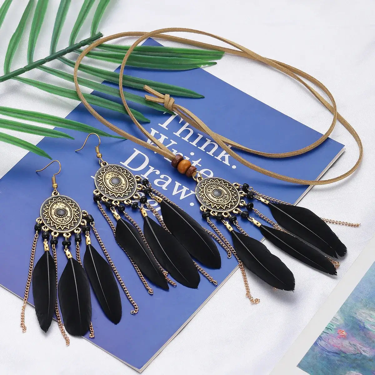 boho feather dangle earrings